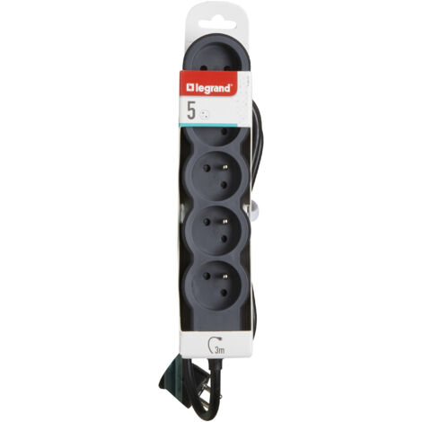 Legrand - Rallonge multiprise extra-plate équipée de 5 prises 2P+T 16A 3680W avec cordon longueur 3m - Noir/Gris foncé