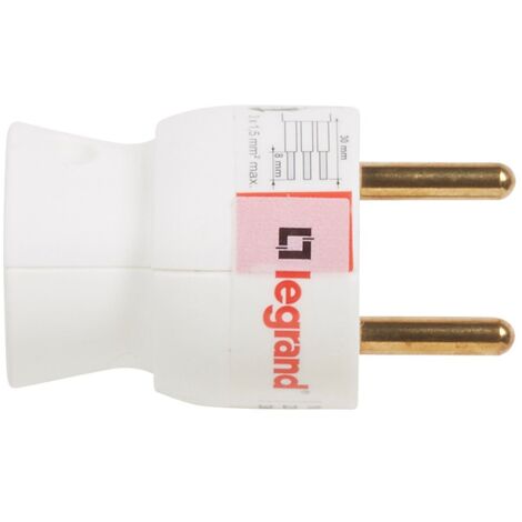 Legrand – Fiche électrique 2P+T 16A à sortie latérale – Indice de protection IP20 – Pour câbles jusqu'à 3 x 1,5 mm² – Couleur blanche