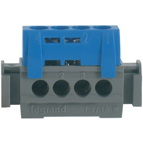 Legrand – Bornier de neutre 4 bornes pour câbles 1,5 à 16 mm² – Capot de sécurité isolant – Fixation rail universel – Couleur bleue