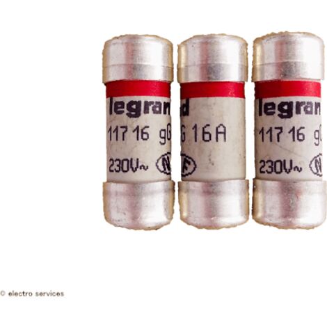 Legrand – Lot de 3 cartouches fusibles 16A avec témoin de fusion – 10,3 x 25,8 mm – Tension 230V – Puissance de coupure 6kA