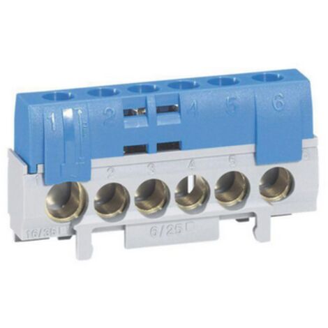 Legrand – Bornier de neutre 5 bornes 6 à 25 mm² + 1 borne 10 à 35 mm² – Capot de sécurité isolant – Installation sur rail universel (1/2)