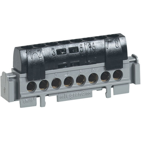 Legrand – Bornier de phase 8 bornes pour câbles 1,5mm² à 16mm² – Capot de sécurité isolant – Montage rail DIN – Pour tableaux électriques