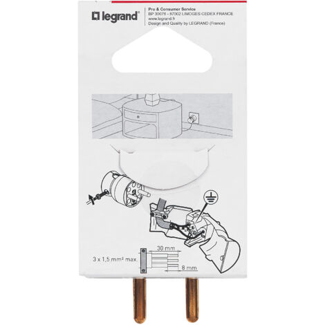 Legrand - Fiche mâle avec terre plastique - Sortie du câble par le dessous - Blanc (1/3)