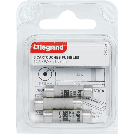 Legrand – Cartouches fusibles 16A avec témoin de fusion – Dimensions 8,5x31,5mm – Lot de 3 pour protection circuits électriques (1/5)