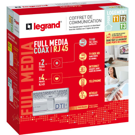 Legrand – Coffret de communication Full Media coaxial et RJ45 – 4 prises RJ45 – 2 prises TV coaxiales – Performance jusqu'à 1 Gbps