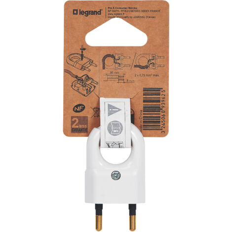 Legrand - Fiche plate mâle sans terre plastique - Avec anneau extraction - Blanc (1/3)