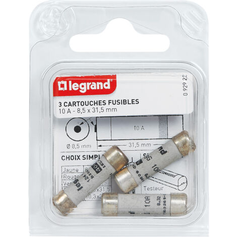 Legrand – Lot de 3 cartouches fusibles 10A – Dimensions 31,5 x 8,5 mm – Témoin de fusion intégré – Protection circuits électriques
