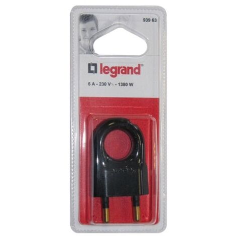 Legrand - Fiche plate mâle sans terre plastique - Avec anneau extraction - Noir (1/5)