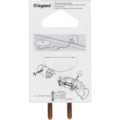 Legrand - Fiche mâle avec terre plastique - Sortie du câble par l'arrière - Blanc (1/3)