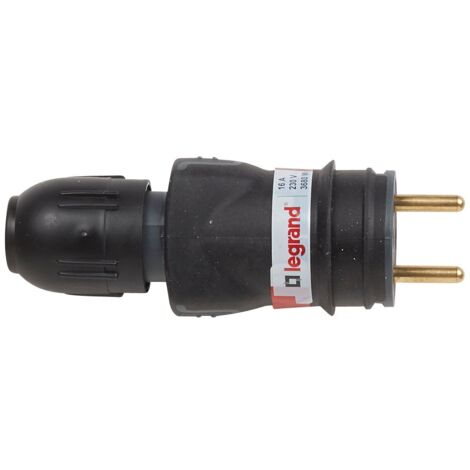 Legrand – Fiche mâle caoutchouc 2P+T 16A – Connexion automatique IP44 – Résistance IK08 pour usage intensif extérieur – Tenue à la traction 30 kg