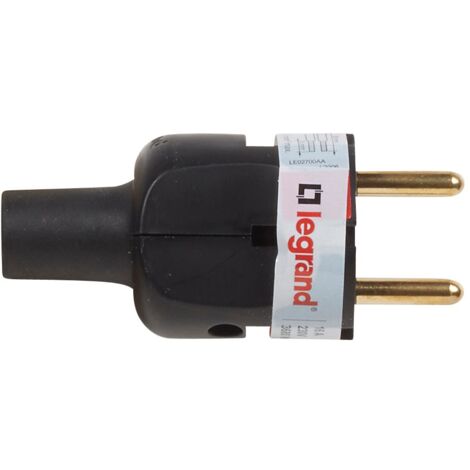 Legrand – Fiche électrique caoutchouc noire 2P 16A – Sortie arrière IP55 pour usage intensif extérieur – Compatible 2 x 1,5 mm²