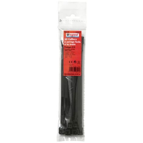 Legrand – Colliers de serrage plastique noir 7,6x128 mm – Lot de 20 pièces – Résistants aux U.V. – Pour câbles et tubes jusqu'à 22 mm