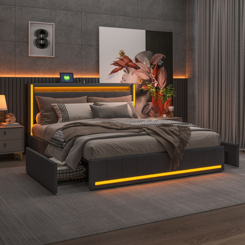 BRILVERDE Letto baule 160 x 200 con contenitore idraulico, con LED e USB, con rete a doghe e testiera imbottita, per adulti e adolescenti, velluto (beige, 160 x 200 cm