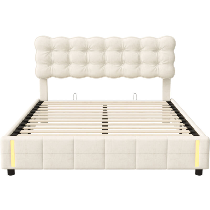 Letto contenitore in velluto 160x200 cm - letto contenitore funzionale - letto matrimoniale - rete a doghe e box contenitore idraulico - beige