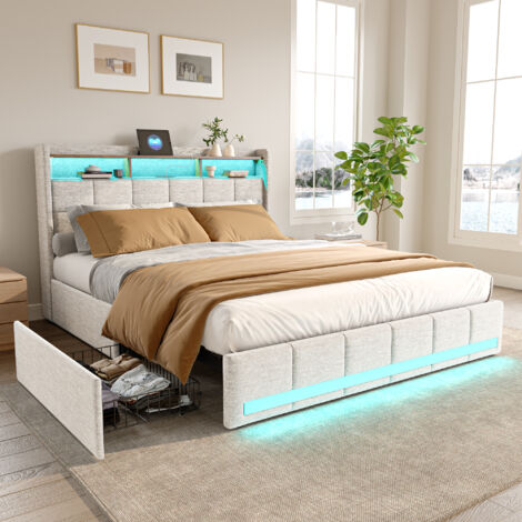 letto matrimoniale 160x200,letto matrimoniale contenitore,con cassetti,LED regolabile e ricarica USB, lino, beige