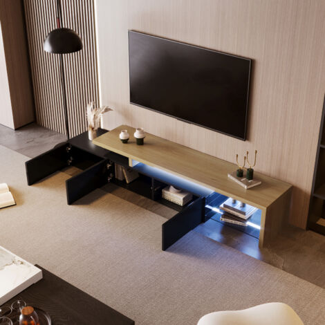 Mobile TV, mobile TV per camera da letto, con illuminazione a LED, con contenitore, nero lucido, effetto legno, ripiani in vetro, nero