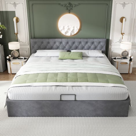 Letto contenitore 180x200, letto per adulti, letto matrimoniale, letto imbottito, letto con leva idraulica, con testiera, spazio contenitore, tessuto in velluto, grigio