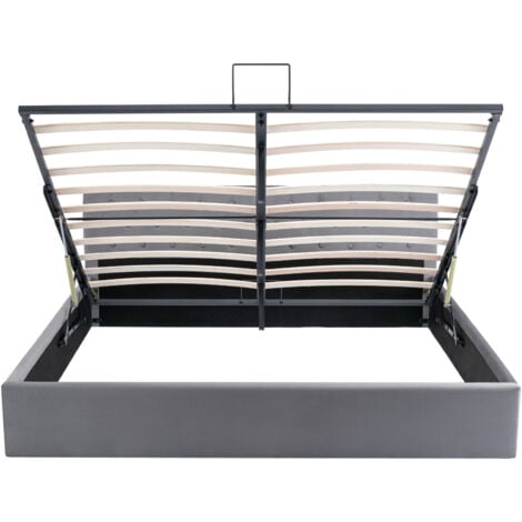Letto contenitore 180x200, letto per adulti, letto matrimoniale, letto imbottito, letto con leva idraulica, con testiera, spazio contenitore, tessuto in velluto, grigio