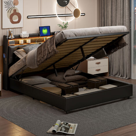 Letto contenitore 180 x 200, letto 180 x 200 con base, letto per adulti, letto matrimoniale, testiera contenitore, schienale morbido, LED regolabile, porta di ricarica, PU, nero