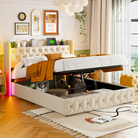 Letti contenitori 140x200,letto matrimoniale 140x200,letti per adulti, con fodera antipolvere, striscia luminosa a LED colorata e porta USB, velluto, beige