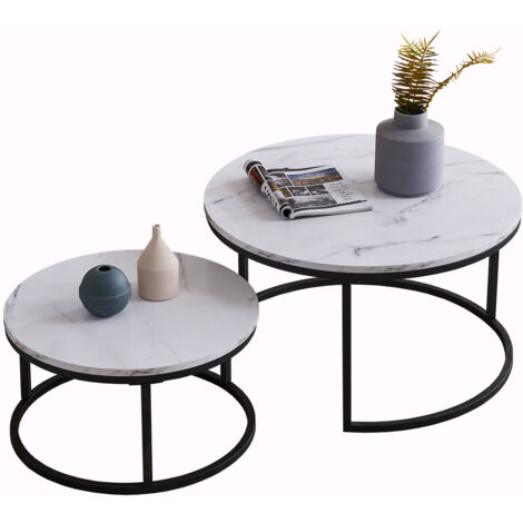 Set di 2 tavolini bassi impilabili, impiallacciatura di marmo, rotondi, neri, 80x80x45 cm, 60x60x33 cm
