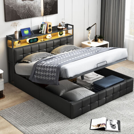 Letti contenitori 160x200,letto matrimoniale 160x200,letti per adulti, con rete a doghe, testiera con contenitore, luci LED, PU, grigio