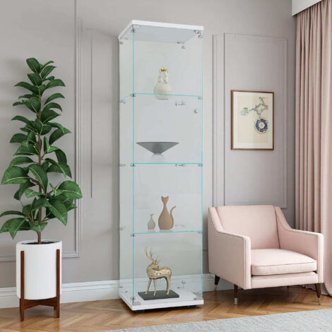 Vetrina in vetro temperato antiurto a quattro strati, design a un'anta, con maniglia in metallo e serratura a chiave, base bianca, 42,5x36,5x164 cm