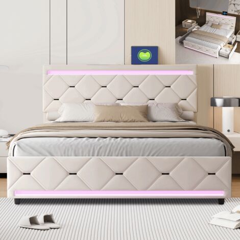 Letto matrimoniale 140x190,letto matrimoniale contenitore,letto imbottito,con LED, USB, quattro cassetti,Velluto, beige