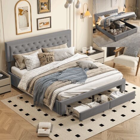Letto matrimoniale 180x200,letto matrimoniale contenitore,letto contenitore 180x200,con due cassetti,design rivetto, velluto, grigio