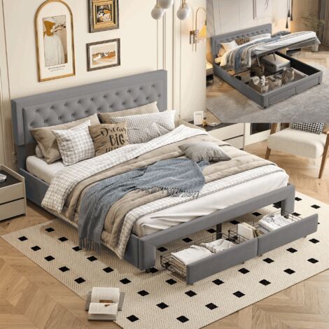 Letto matrimoniale 160x200,letto matrimoniale contenitore,letto contenitore 160x200,con due cassetti,design rivetto, velluto, grigio