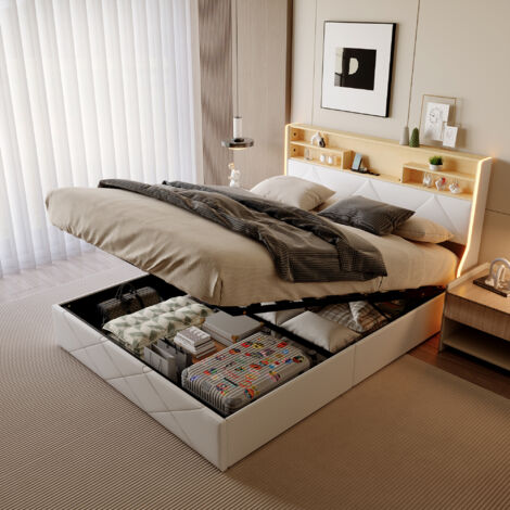 Letto contenitore 160x200,letto matrimoniale contenitore,con rete a doghe, ricarica USB, LED, tessuto PU, bianco