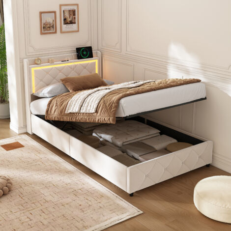 letto singolo 90x200,letto contenitore 90x200,con rete a doghe, testiera con ricarica USB e luce LED orientabile, velluto, beige