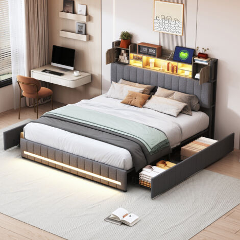 Cama 140x200 con cajones, cama matrimoniales, cama tapizada adulto, con LED regulable, cabecero con almacenaje, puerto de carga USB y Tipo C, tejido lino, gris oscuro