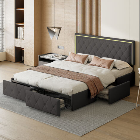 Cama 140x200 cm con cajones, cama matrimoniales tapizada, cama de adulto, cama juvenil, cabecero regulable en altura, con tira de luz LED orientable, PU, gris oscuro