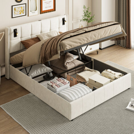 Cama 140x200 cm con almacenamiento, cama matrimoniales, cama tapizada, cama de adulto, con luz de lectura inteligente, diseño de remaches, terciopelo, beige