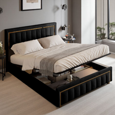 Cama matrimoniales 160x200 con almacenamiento, cama doble tapizada, cama de adulto con palanca hidráulica, cabecero con diseño bañado en oro, terciopelo, negro
