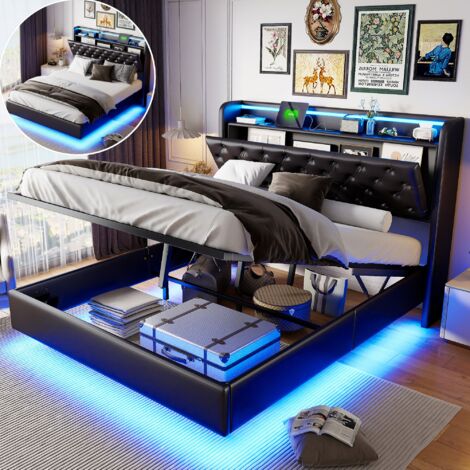 Cama almacenamiento 140x200 con LED, cama matrimoniales tapizada, cama para adultos con respaldo suave, almacenaje oculto en el cabecero, con puerto USB, estilo moderno, PU, negro