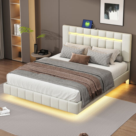 Cama matrimoniales 160x200 cm, cama tapizada, cama para adulto, cama adolescentes, con cabecero, estructura flotante, carga USB, luz LED regulable, lino, beige