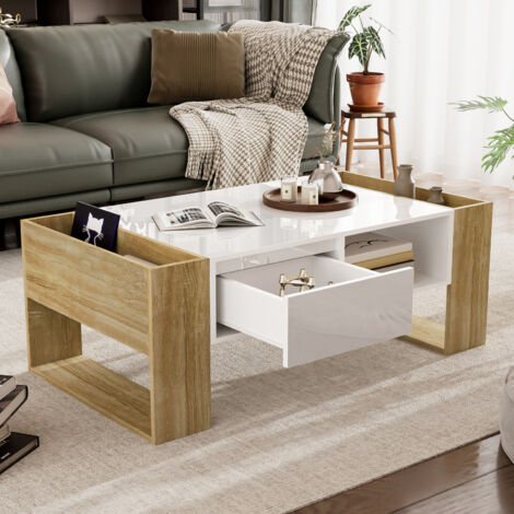 Mesa de centro, con cajones y almacenaje abierto, estilo contemporáneo, blanca y madera, 105x60x40cm