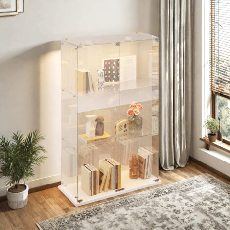 Vitrina de cristal de 3 niveles con doble puerta, multifuncional, con iluminación regulable, vidrio templado, base blanca, 78,5x35x123,3 cm