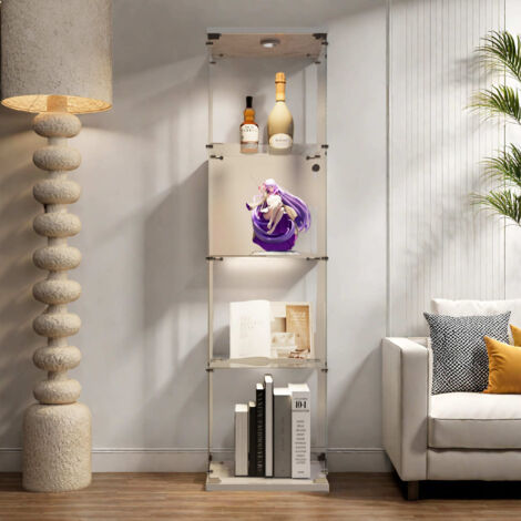 Vitrina cristal de 4 estantes de vidrio templado, vitrina de salón, iluminación regulable, diseño seguro para niños, puerta simple, base blanca, 42,5x36,5x164 cm