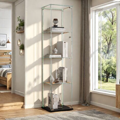 Vitrina de vidrio blanco, 4 niveles, puerta simple, con LED regulable, vidrio templado, base negra, 39,8x35x163 cm