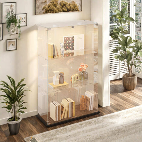 Vitrina de cristal de 3 niveles con doble puerta, multifuncional, con iluminación regulable, vidrio templado, base negra, 78,5x35x123,3 cm
