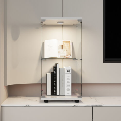 Vitrina de cristal 2 niveles de vidrio templado para salón con iluminación LED, base blanca, 40,5x36,5x86,5 cm