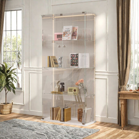 Vitrina de cristal, Vitrina figuras 4 niveles, con LED ajustable, vidrio templado, base blanca, 78,5x35 x163 cm