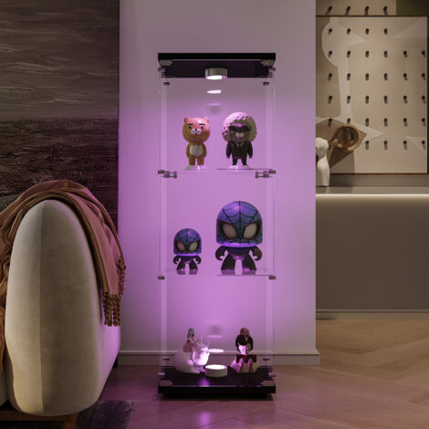 Vitrina de cristal vidrio de seguridad irrompible, vidrio templado, 3 estantes con luces LED ajustables, estilo moderno, base negra, 42x36x125 cm