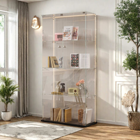 Vitrina de cristal, Vitrina figuras 4 niveles, con LED ajustable, vidrio templado, base negra, 78,5x35x163 cm