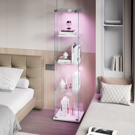 Vitrina moderna de vidrio templado con iluminación regulable y asa metálica, vitrina esquinera de 4 niveles, base blanca, 39,8x35x163 cm