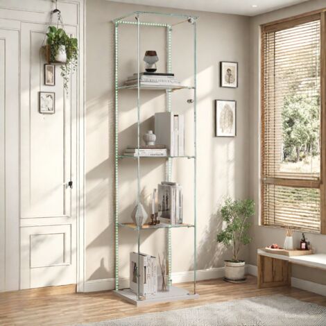 Vitrina de vidrio blanco, 4 niveles, puerta simple, con LED regulable, vidrio templado, base blanca, 39,8x35x163 cm