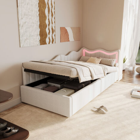 Cama 90x200 cm, sofá cama de 90 x 200 cm, cama individual con luces LED, cama tapizada, cama de invitados, diseño ondulado, terciopelo peluche, blanco
